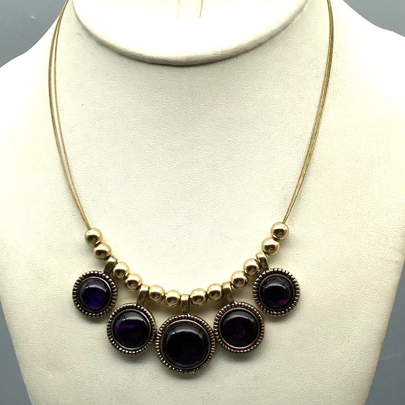 Elegant Purple and Gold Bib Necklace, Vintage Bold Bib on Triple Strand Wires - Picture 1 of 4